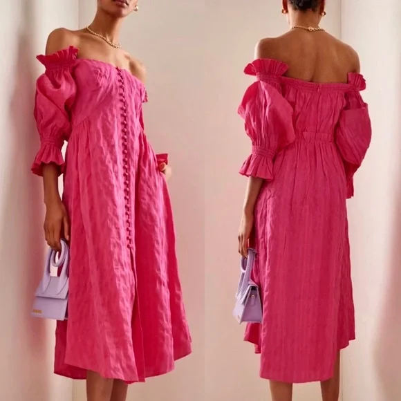 🌺🎉HP🎉🌺 NWT Cult Gaia Simona Off-The-Shoulder Ruffled Midi Dress Dragonfruit - Picture 2 of 16